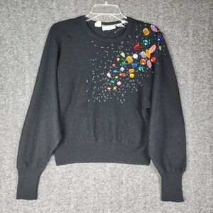 Ann Tjian for Kenar Sweater Women L Black Vintage‎ Lambswool Beaded Rhinestone